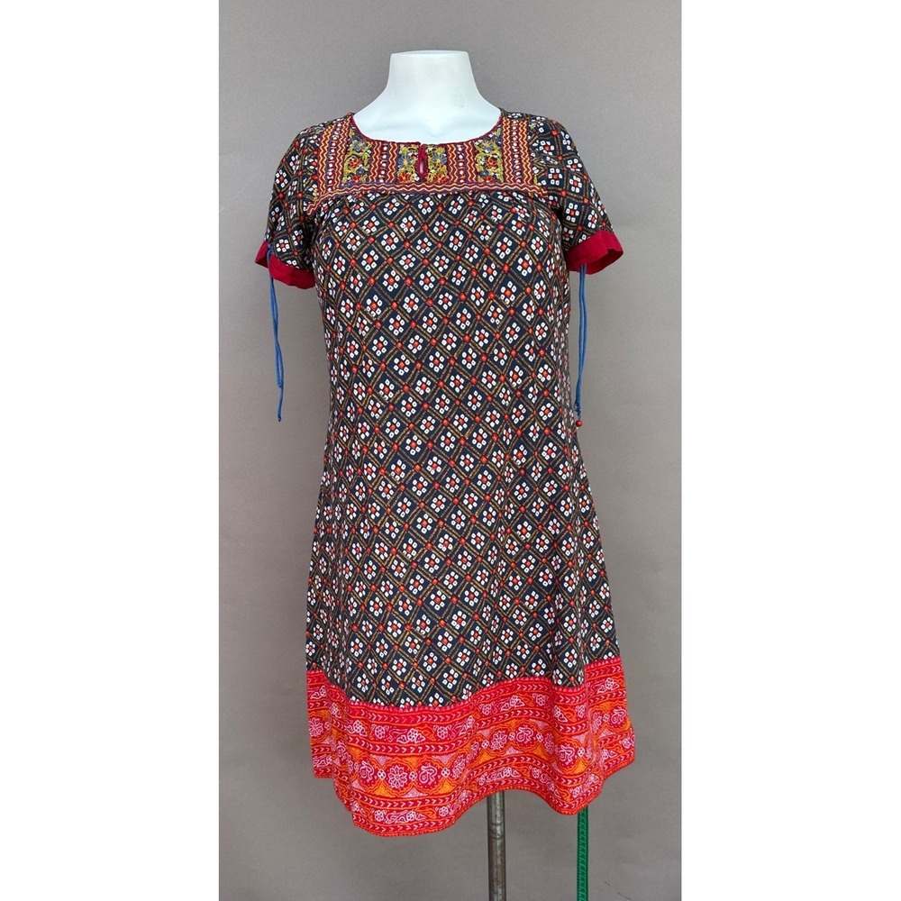 Biba Dress Small‎ Multi Embroidered Cotton Kurti Boho India Tie Sleeve Festival
